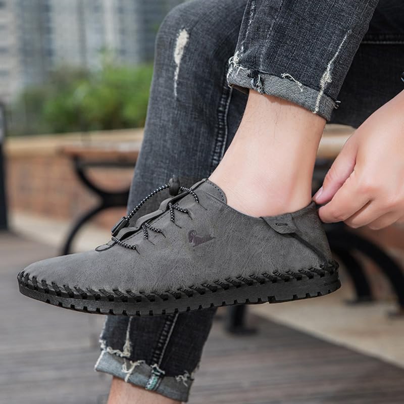 RiceelSor Men's Casual Leather Hand Stitched Low-Top Loafers No Tie Elastic Locks Solid Summer Breathable Fashion Work Office Business Walking Sneakers4