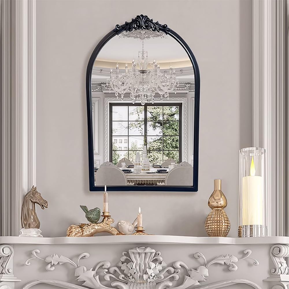 SXFSDOU Arched Antique Wall Mirror, Vintage Black Mirror 24”x36”, French Baroque for Decoration, Ornate Bathroom with Ornamental Crown Top(60 * 92cm/24 36in)