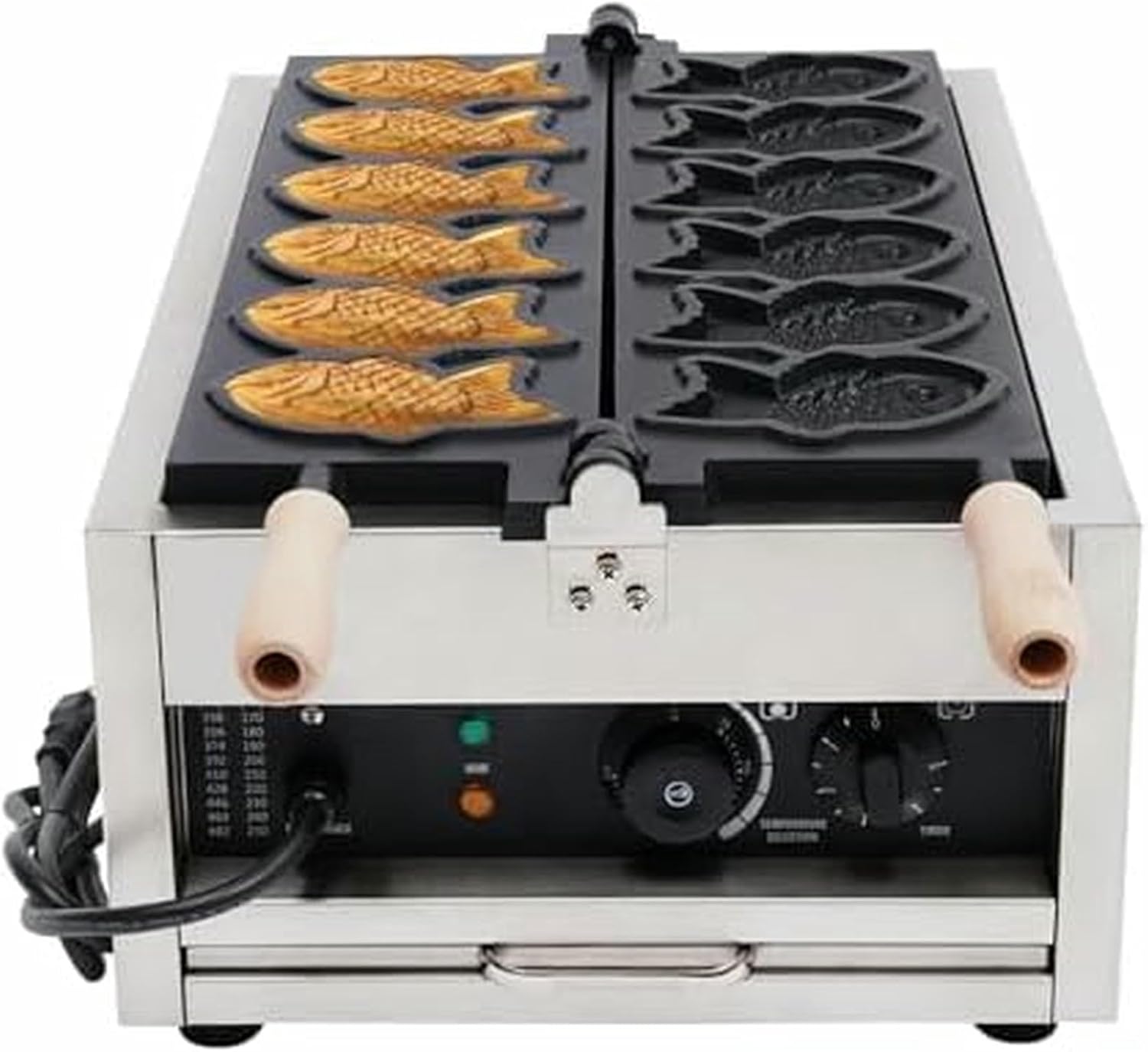 2400W Fish Waffle Maker, Commercial Baker with 6 Fish-Shaped Molds, Double-sided Heating Stainless Steel Nonstick Waffle Maker Machine for Home & Restaurant