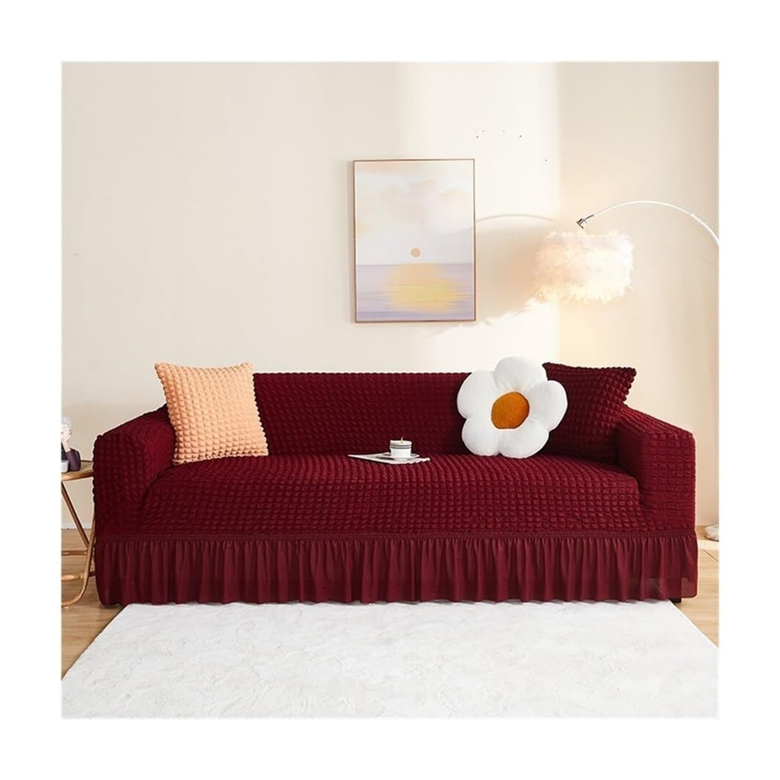 BEIWOSHA Seersucker Sofa Slipcover With Elastic Bottom And Ruffle Skirt, Washable Couch Covers High Stretch Furniture Slipcovers(12,2 seaters(145-185cm))
