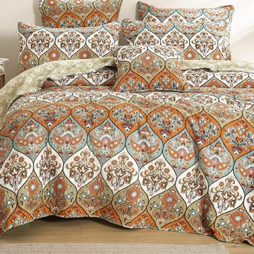 Dada Bedding Bohemian Bedspread Set - Coral Floral Paisley Fall Garden Party Reversible Coverlet - Bright Vibrant Multi-Colorful Blue Salmon Pink - Cal King - 3-Pieces #TOP24