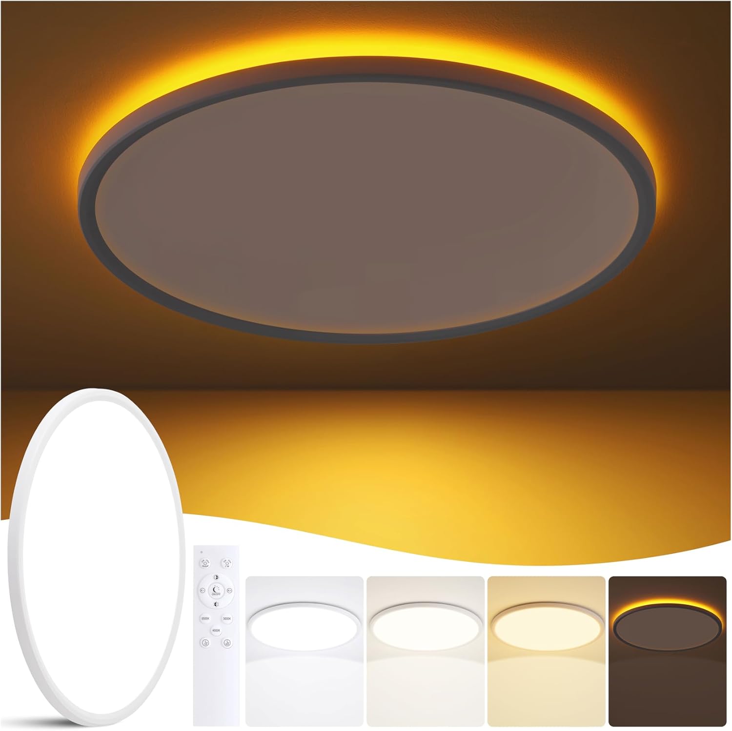 19 Inch Flush Mount Ceiling Light with Night Light, 45W 4500LM, Dimmable LED Ceiling Lights Fixture with Remote Control, 3000K/4000K/6500K Selectable, Slim Bright Bedroom Light Fixture, Round White 19 inch White