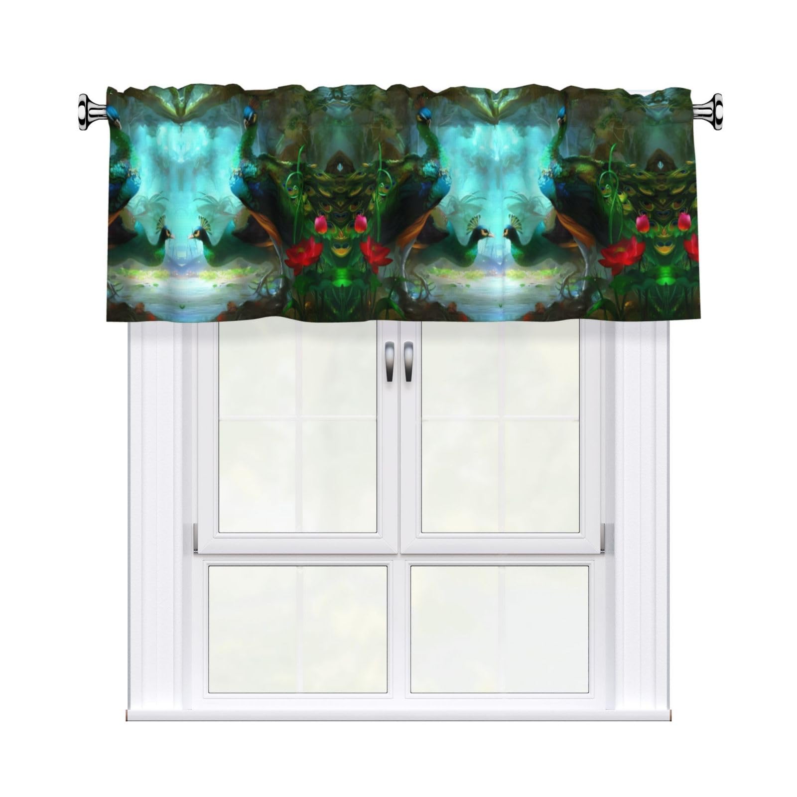 HJFCZH Colorful Peacock Prints Curtain Valance 54x18in - Peach Skin Kitchen Window Layer, Filtered Light & Quick-Install Rod Pocket Cover
