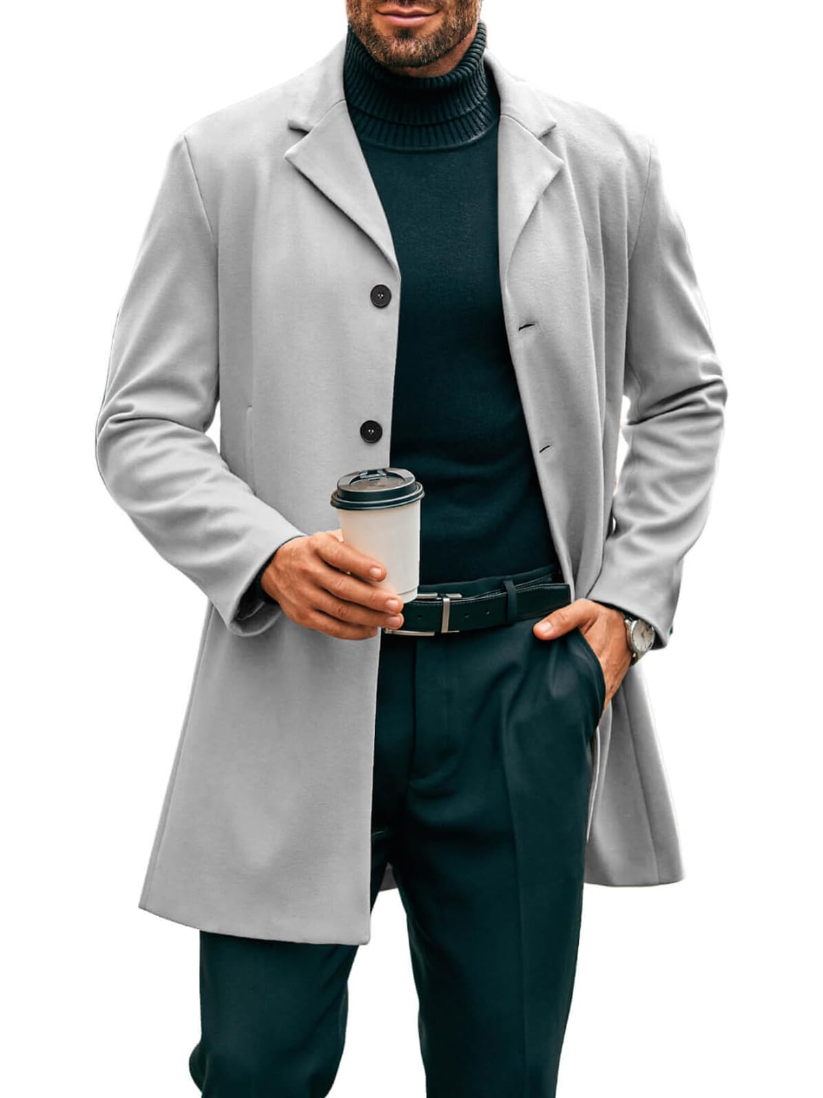 paslter Mens Mid Long Trench Coat Slim Fit Winter Pea Coat Single Breasted Business Overcoat-picture-57