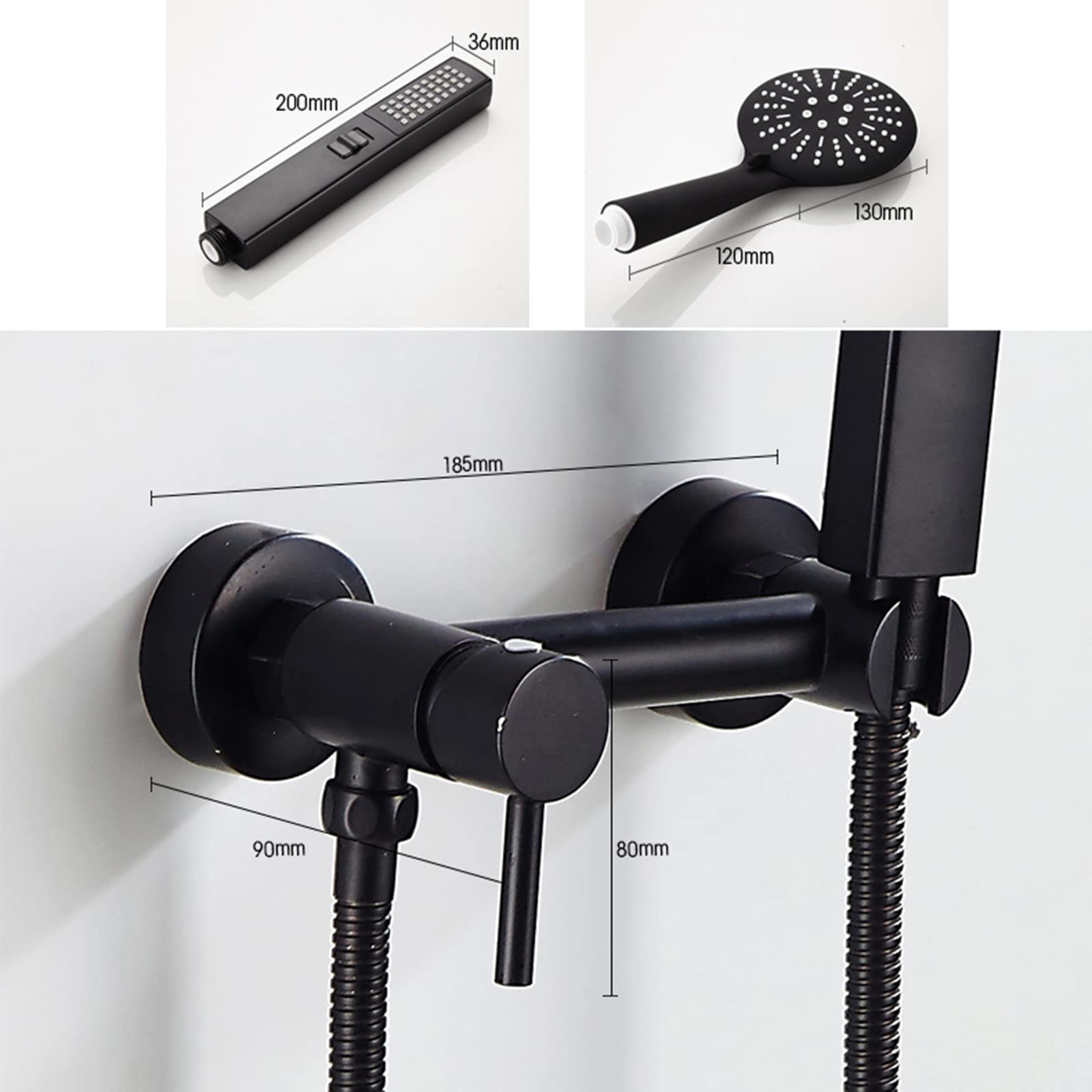 Set soffione e Tubo Flessibile per rubinetti da Vasca Miscelatore Rubinetti per Doccia a 2 modalità a Parete Neri con Miscelatore per Doccia Maniglia per Miscelatore per Vasca Singola,B