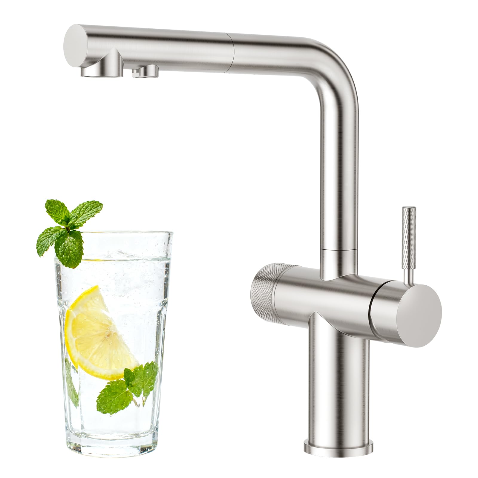 Faustina Robinet de cuisine à 3 voies, Robinet d'évier de cuisine avec pulvérisateur extractible à double poignée, Robinet de cuisine à levier à ressort, Filtre à eau 3 en 1, Robinet rotatif à 360° en