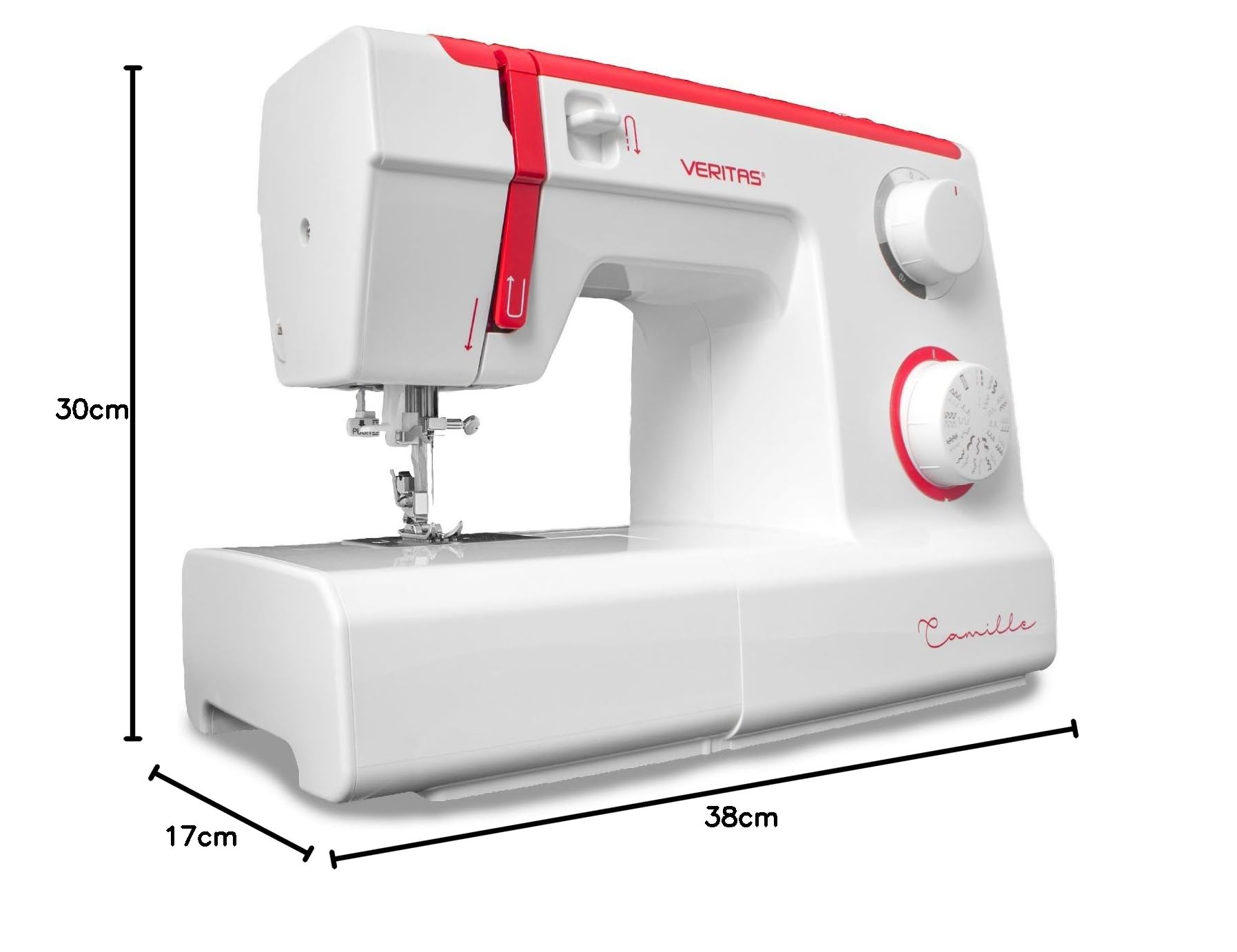 VERITAS Nähmaschine Camille I 32 Stichprogramme I Einfädelhilfe I Einstellbare Stichlänge & Stichbreite I Auto-Fadenspannung & Fadenabschneider I LED-Nählicht I Mechanische Nähmaschine (weiß-rot)