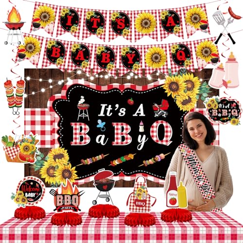 Baby Q Party Decorations BBQ Baby Shower Banner Backdrop BBQ Table Centerpieces Hanging Swirls Baby Q Banner Tablecloth Mom to Be Sash Its a Baby Q Barbecue Gender Reveal Decorations for Picnic 16PCS