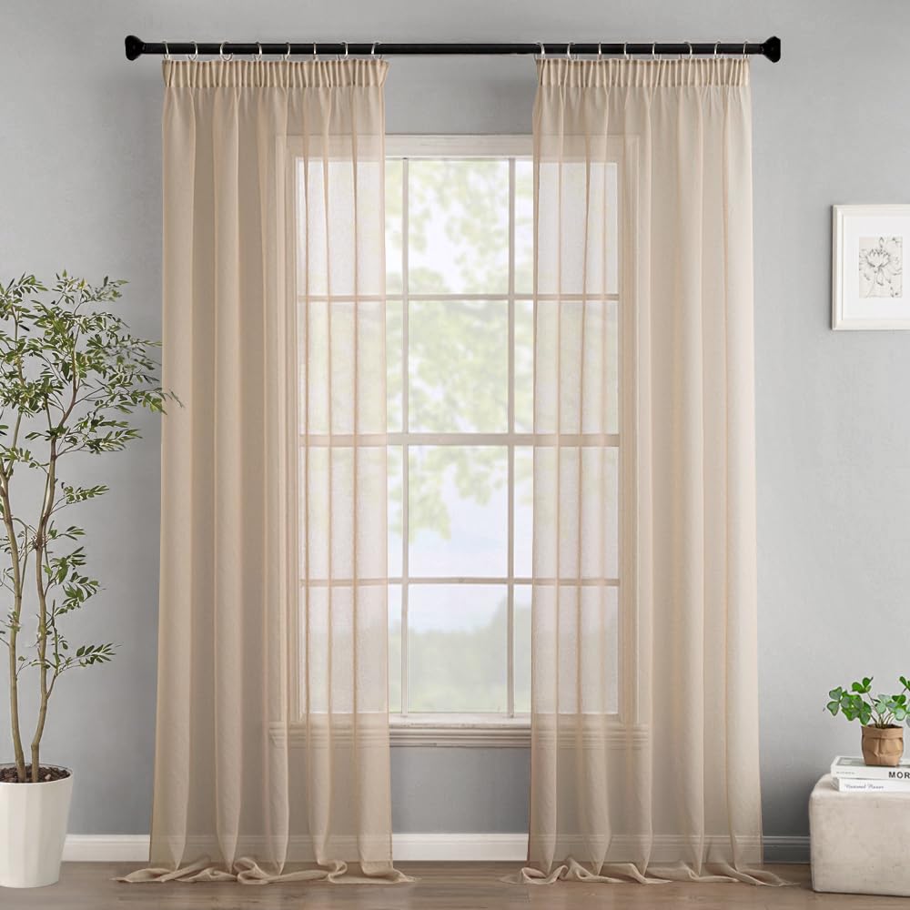 Woaboy Cortinas Dormitorio Juvenil Visillo Ventana Translúcido Moderna Cortina con Cinta Fruncidora para Salón Habitación 2 Piezas 140x245cm Beige