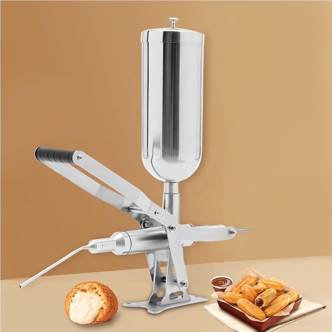 Máquina manual de acero inoxidable, relleno de donas de 5 l con 4 boquillas para crema, mermelada, chocolate, inyector de postre comercial para churros, donas, eclairs