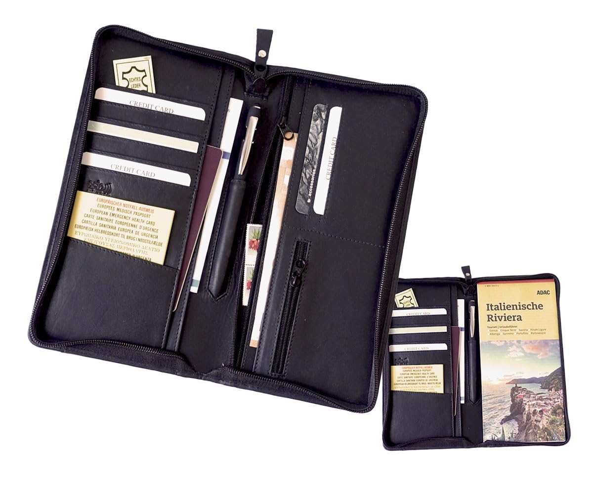 Reiseorganizer Dokumente Leder, Reisepasstasche Leder schwarz Reisepasshülle, Passport Tasche für Reisen, Reisemappe, Dokumentenmappe, Reisebörse Tickettasche Ausweistasche Leder Passport-Etui
