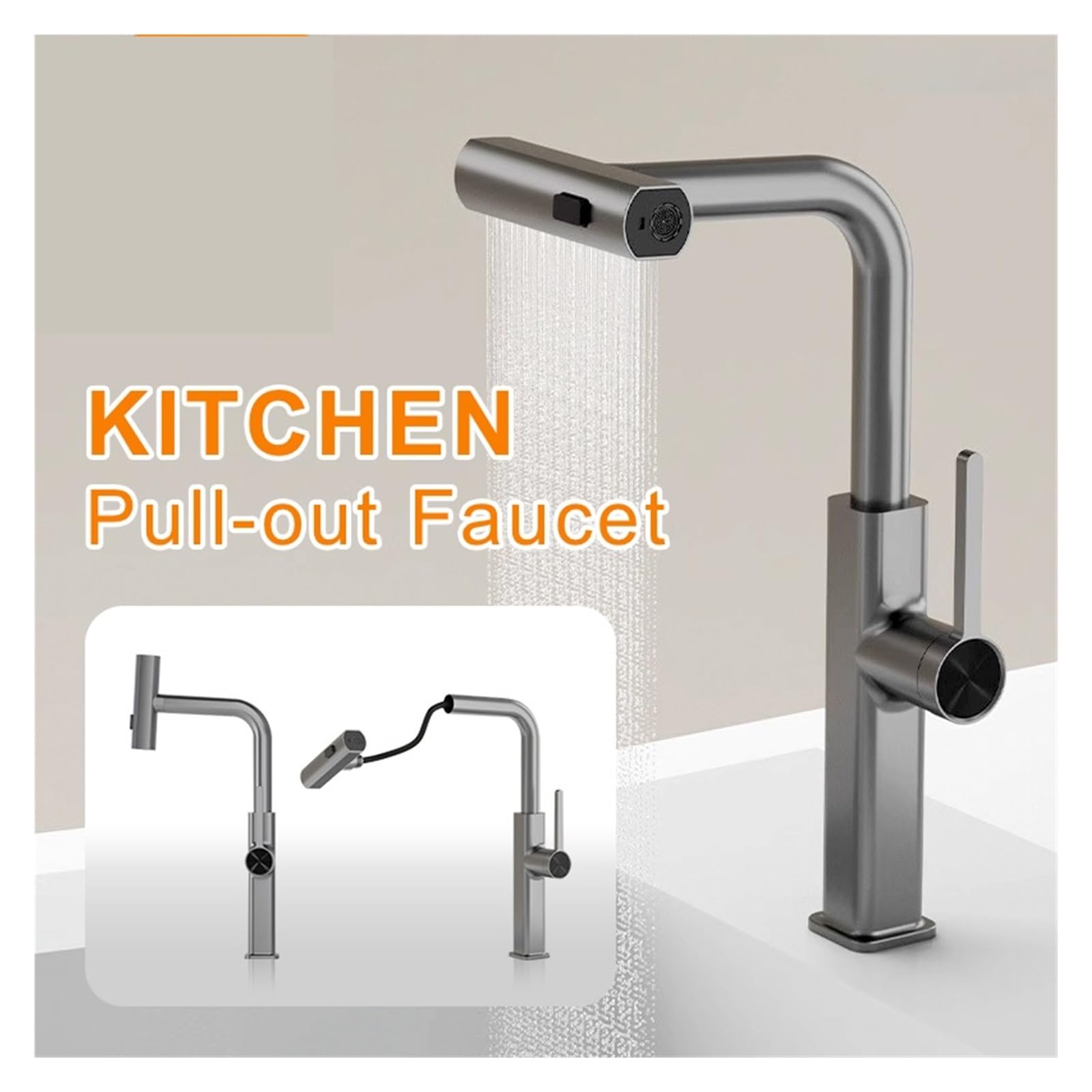 Bateria kuchenna Elastyczna wyciągana dysza Bateria zlewozmywakowa do zlewu kuchennego Strumień wody(Grey Faucet)