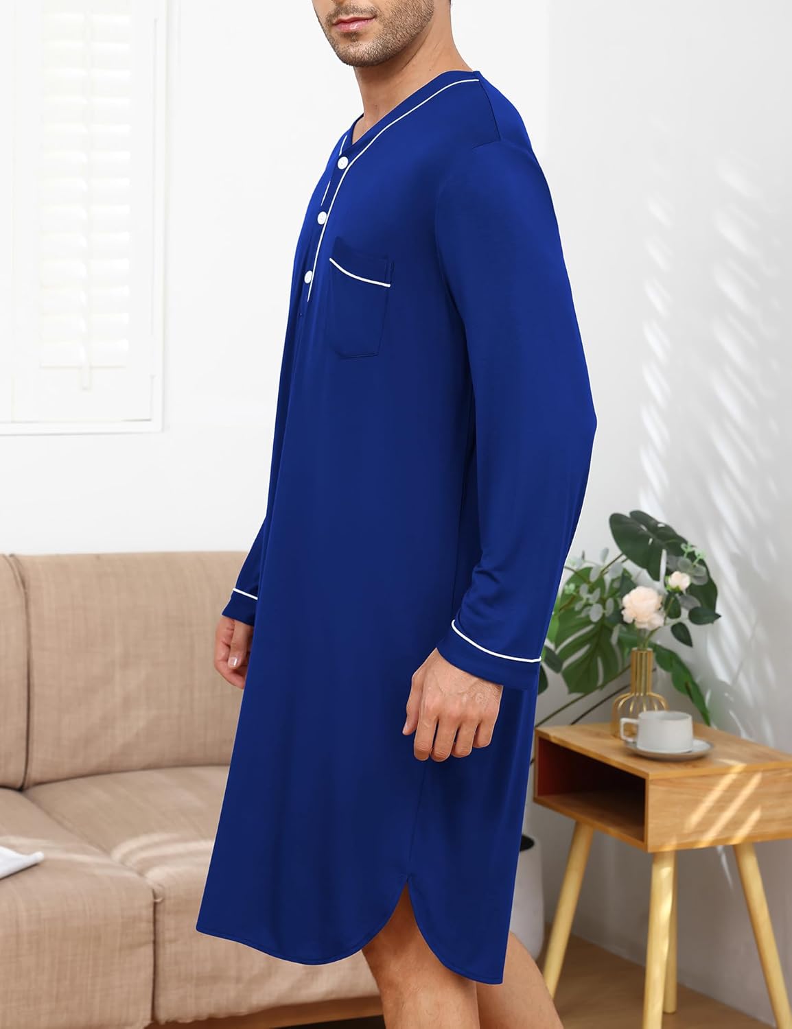 SWOMOG Men's Nightshirt Long Sleeve Nightgown Soft Loose Sleepwear Lightweight Nightwear Comfy Henley Sleep Shirt M-3XL - Image 6