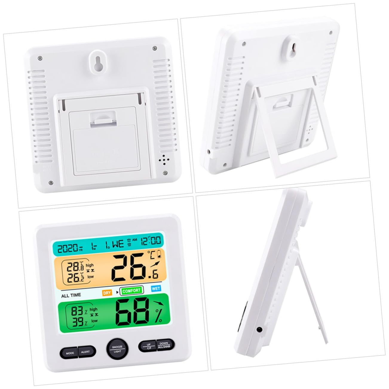 Termometro Igrometro Digitale da Parete con Display Grande Monitoraggio Temperatura e Umidità Interno Orologio Calendario Integrato Sensore Preciso in Abs per Ufficio Casa Scuola