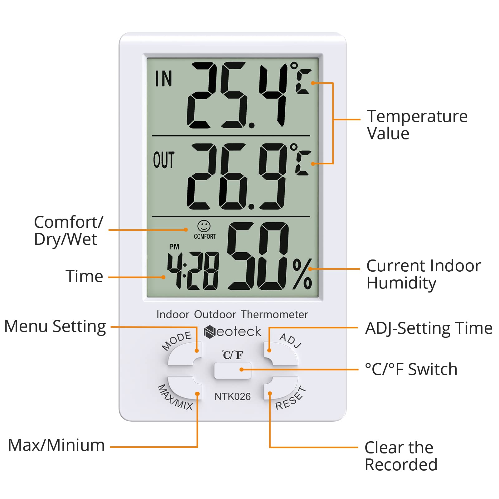 Neoteck Digitale LCD Termometro Igrometro Interno Esterno Misuratore Temperatura Umidità Valore Min/Max con Funzione Sveglia e 1.5M Filo di Sensore per Controllo di Aria Condizionata - Bianco