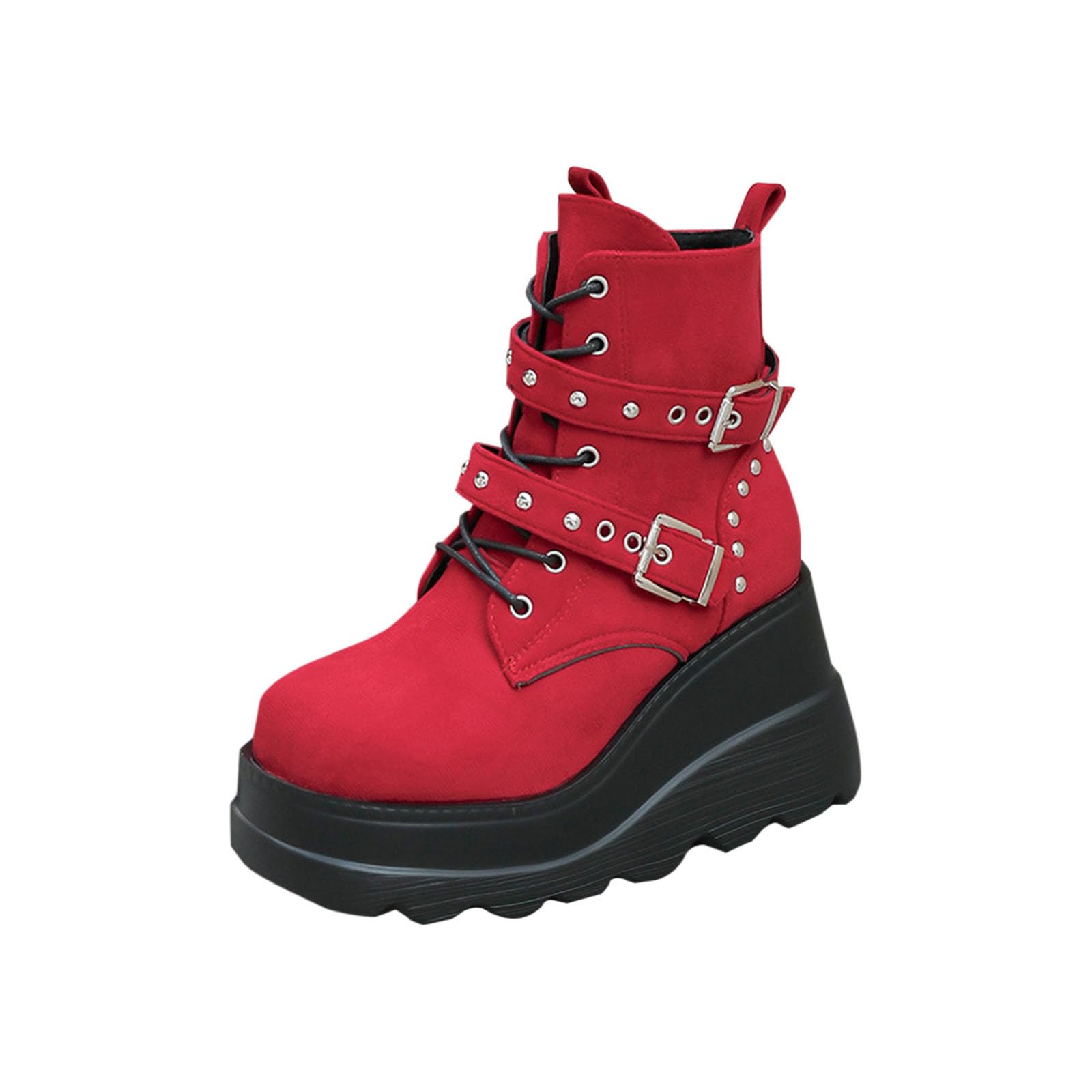 Women Platform High Wedge Heel Combat Boots Fall Winter Ankle Booties Fashion Lace Up Side Zipper Lug Sole