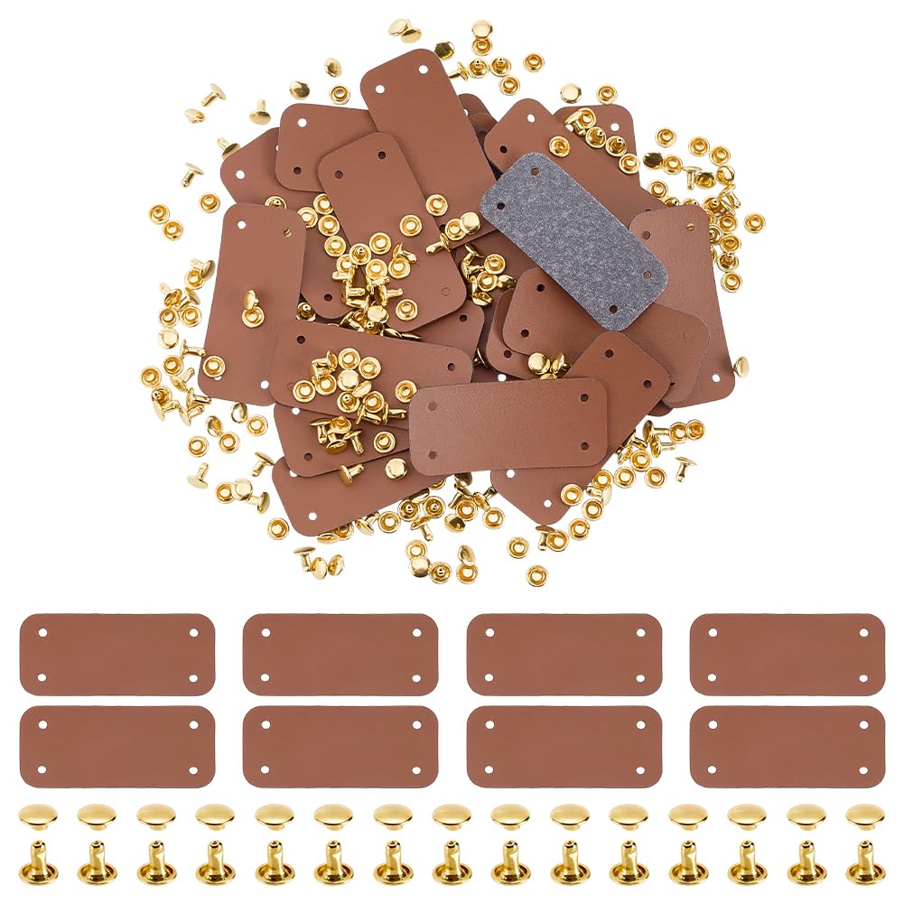 FINGERINSPIRE 60 Pcs Imitation Leather Handmade Tags with 240 Sets Golden Zinc Alloy Rivet 7x3cm Camel Color Blank Clothing Labels Rectangle Sew On Clothing Labels for Sewing Projects