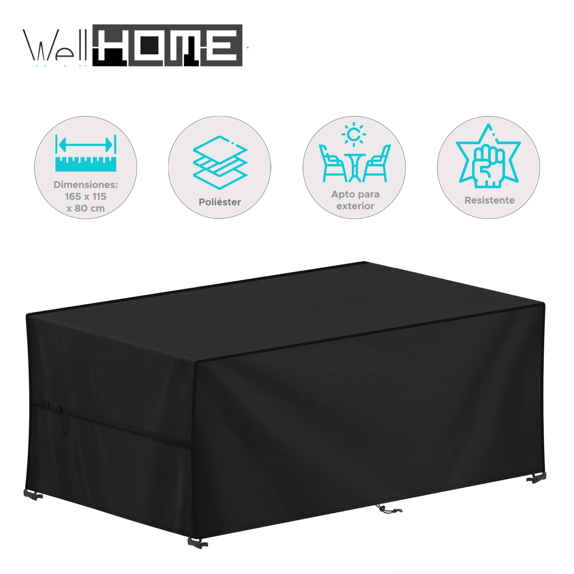 Funda rectangular para mesa de exterior 165x115x80cm en poliéster negro con bolsa de transporte