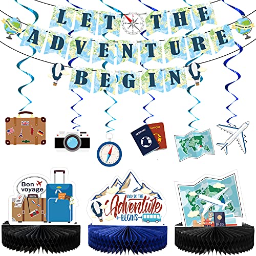 Outus 16 Pcs Bon Voyage Travel Themed Party Decorations Let The Adventure Begin Banner Travel Honeycomb Centerpieces Hanging Swirls Table Toppers for Going Away Around The World Party Photo Props
