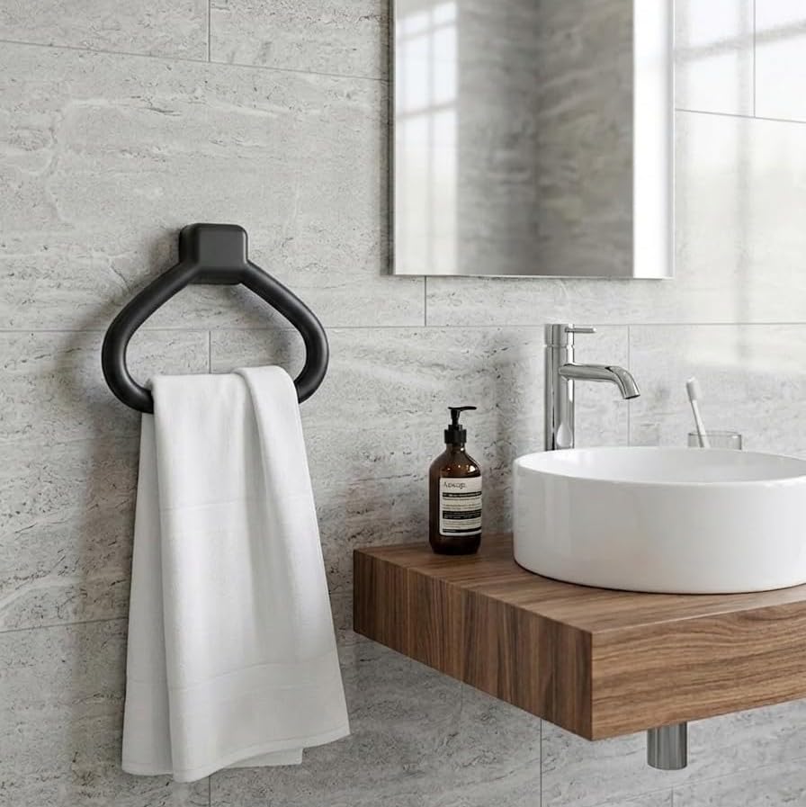 Image of CIPLA PLAST Modern Wall Mounted Towel Ring Holder | Self-Adhesive Towel Ring for Bathroom | Premium Plastic Bathroom Hand Towel Hanger, Durable & Rust-Free, Easy Installation, (Black)
