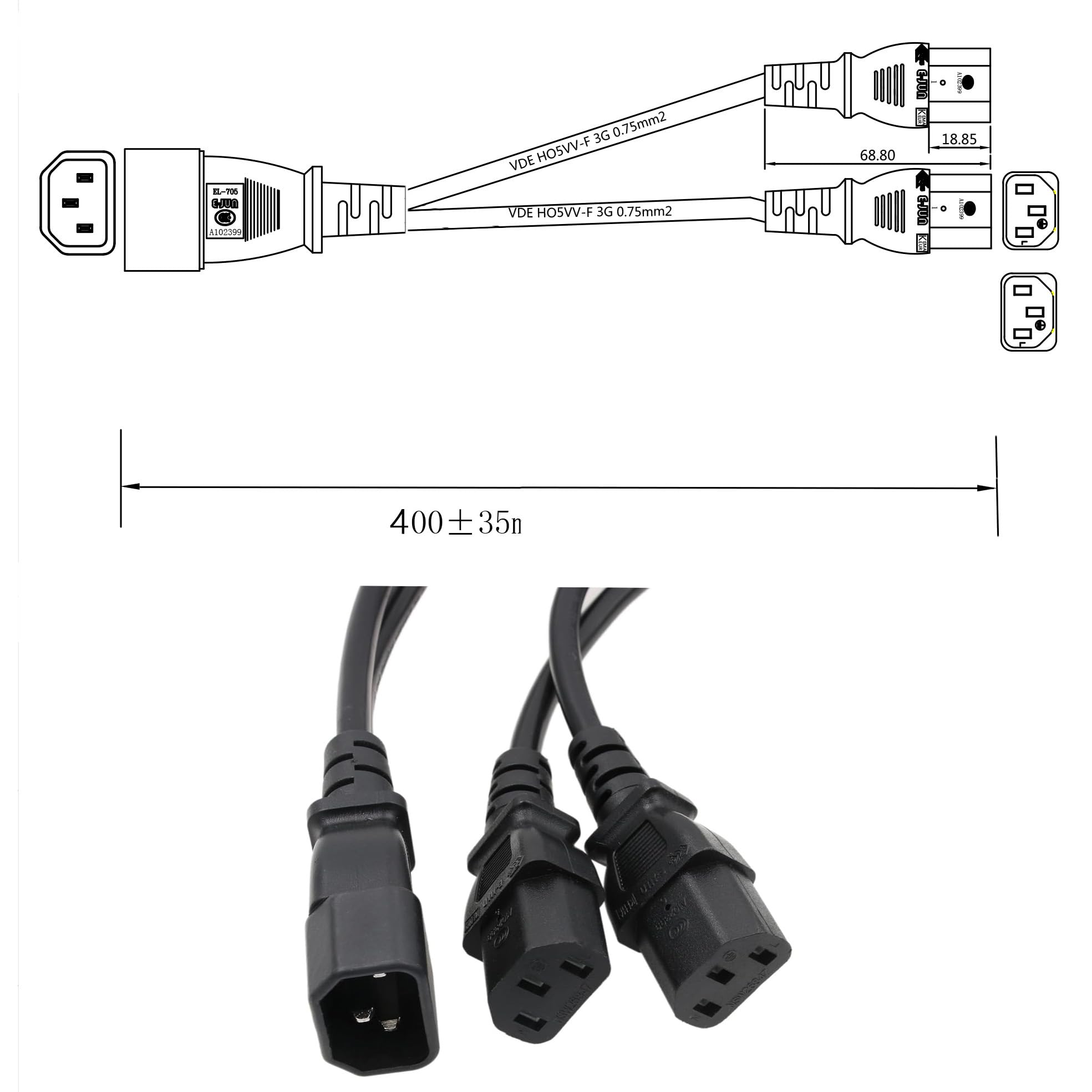 HangTon - Paquete de 10 extensiones de cable de alimentación para UPS PDU monitor de computadora impresora TV, IEC320 C14 macho a doble IEC 320 C13 hembra, cable de 3 clavijas, 40 cm