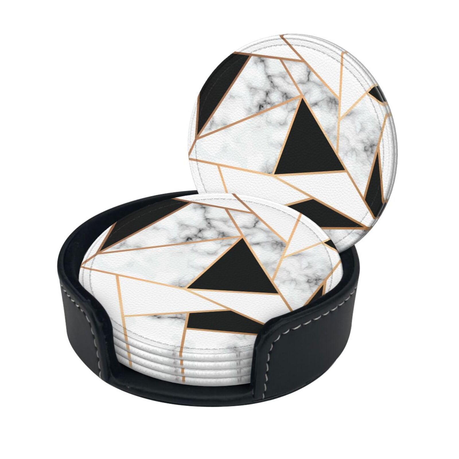 Black and White Marble Texture Drink Coasters Set of 6 with Holder Decorative Round Cup Coasters for Coffee Table Kitchen Office Bar