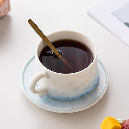 Miniatura 6 de KAMMAK Juego de 2 tazas de té y platillos de porcelana, tazas de café de porcelana de 7.5 onzas, tazas de café expreso esmaltado cristalino,