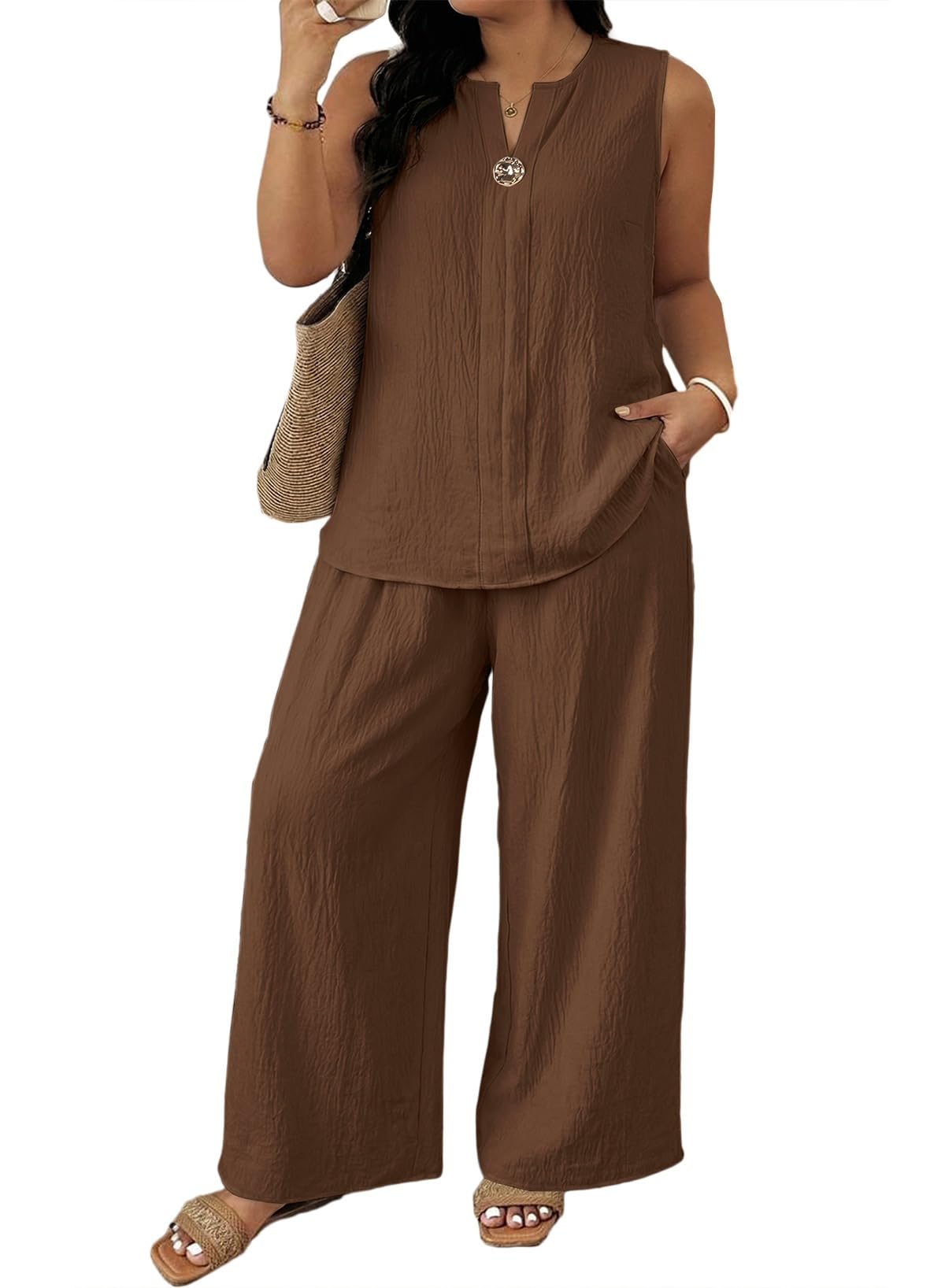 Eytino Plus Size 2 Piece Sets for Women Summer Travel Vacation Outfits Sleeveless Tops Wide Leg Pants Matching Sets(1X-5X)