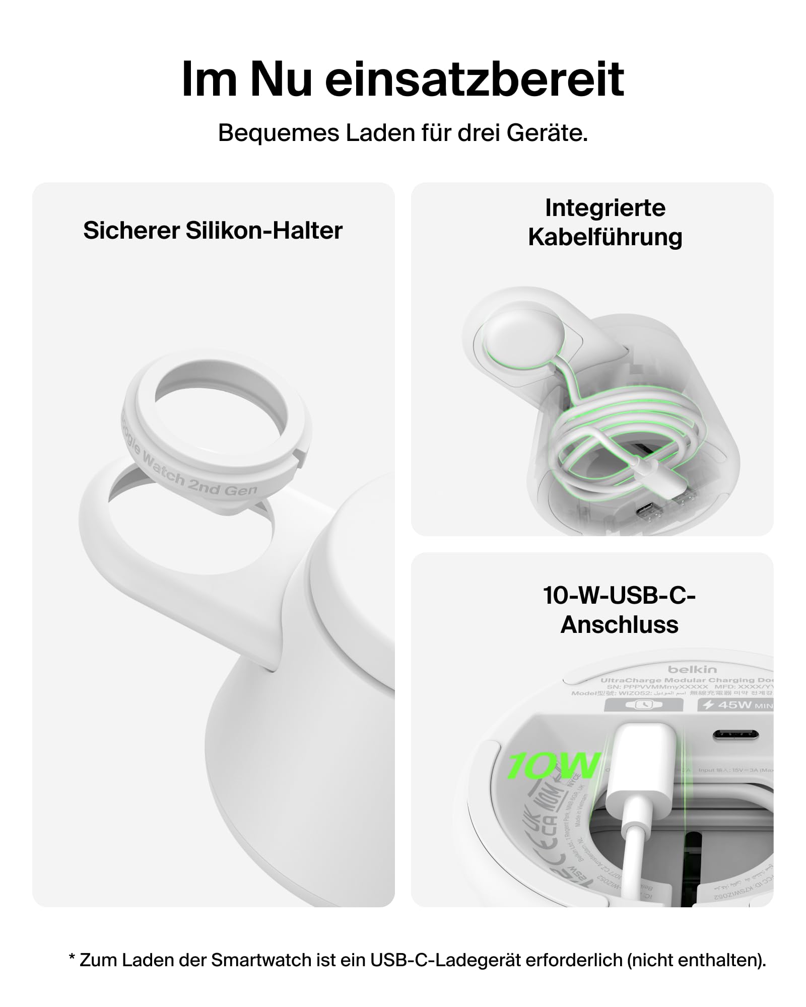 Belkin UltraCharge 3-in-1 Induktive Ladestation mit Qi2, 25W – Weiß | Qi2.2-zertifiziert, Kabelloses Ladegerät mit USB-C-Port, Wireless Charger für iPhone, Galaxy, Kopfhörer; mit 45W Netzteil