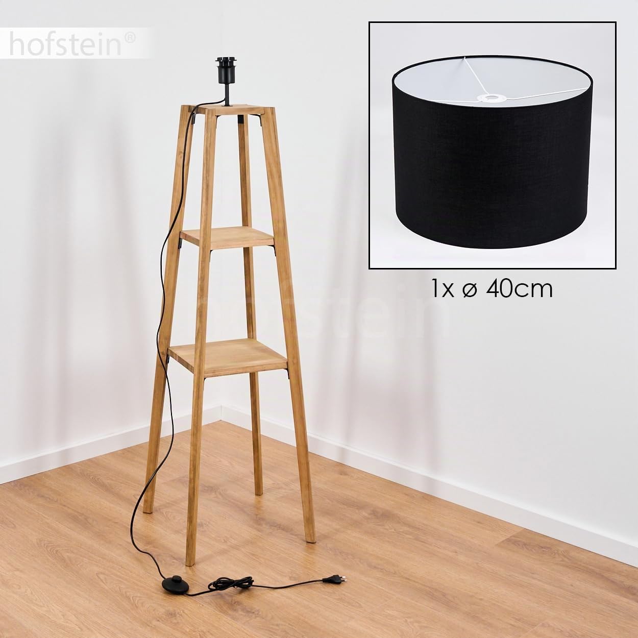 Stehleuchte Bassagoda, Stehlampe aus Holz/Stoff in Natur/Schwarz/Weiß, Leuchte im skandinavischen Design mit rundem Schirm (Ø 40cm), Ablageflächen u. Fußschalter, Höhe 151cm, 1x E27, ohne Leuchtmittel