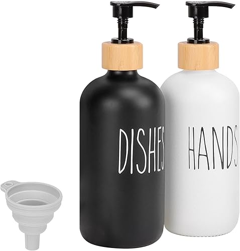 Miniatura 10 de HarJue Juego de dispensador de jabón de vidrio con bandeja de mármol, dispensador de bomba de jabón para platos recargable, 2 dispensadores de jabón