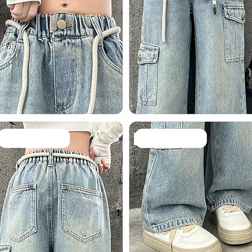 Wide Leg Cargo Pants Baggy 𝐃rawstring 𝐘2K Elastic Waist Jean Girls Straight Leg Denim Streetwear with Multi Poket4