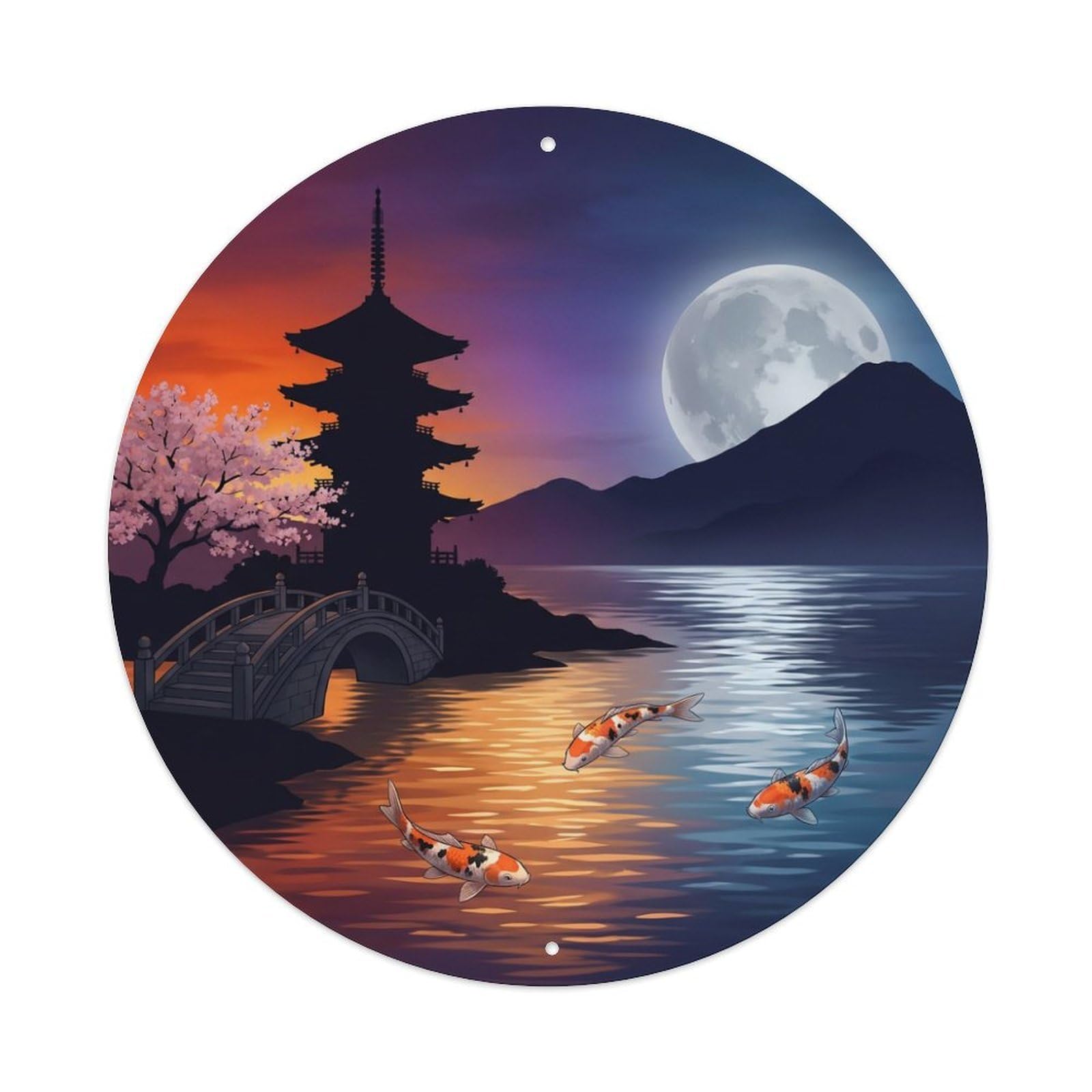 Galvaxio Style Japanese Koi Fish Moonrise Evening Transition Metal Tin Sign