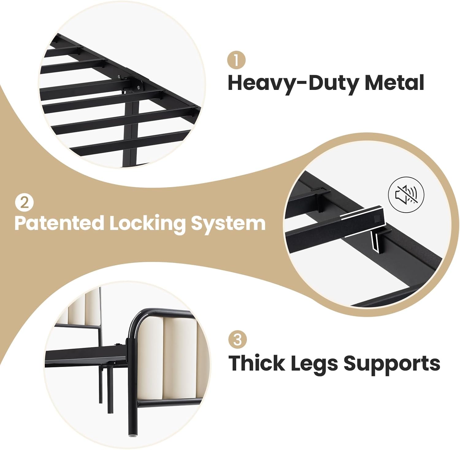 Full Bed Frame, BedStory 12 inch Metal Bed Frame with Headboard, Velvet Fabric, Duty Steel Slat Support Platform Bedframe with Large Storage Space No Box Spring Needed Easy Assembly(White, Full) - Image 6