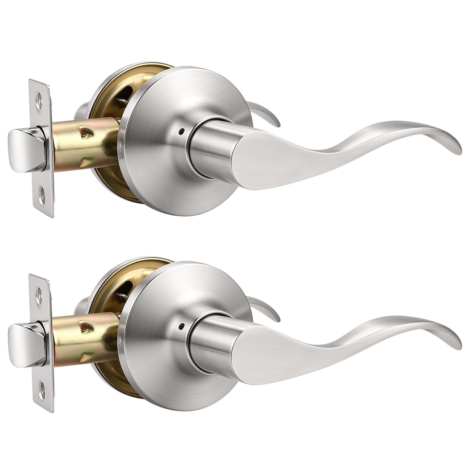 Mengico 2 Pack Satin Nickel Modern Interior Passage Door Knobs, Keyless Door Handle for Hallway &amp; Closet, Wave Style Non-Locking Door Lever Reversible for Left &amp; Right Handed