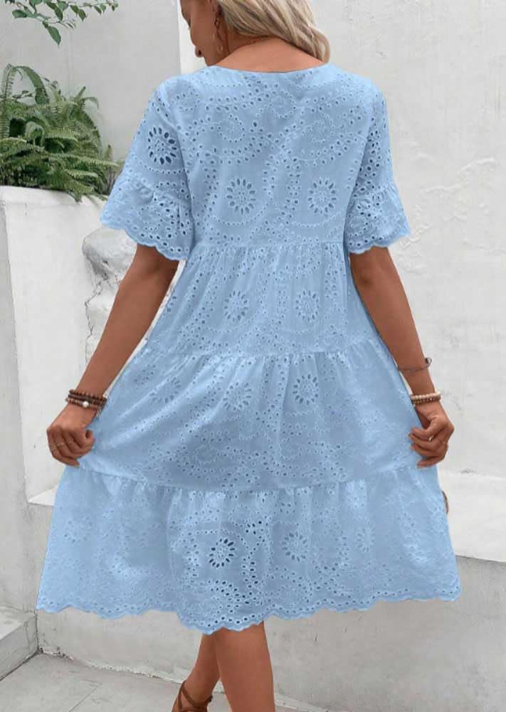 Women's 2024 Lace Eyelet Short Sleeve Tiered Tunic Dress Cute Babydoll Beach Sundress Midi Long Dress - Image 2