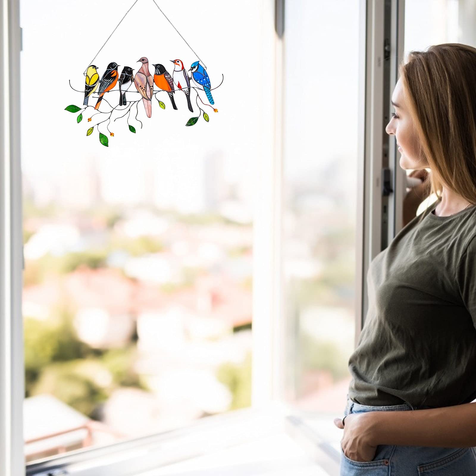 Glas-Fensterbehang, bunte Vögel auf einem Draht, hohe Buntglas-Fensterplatte, Vogel-Serie für den Außenbereich, Zuhause, Innenhof, Dekoration, Anhänger (mehrfarbig)