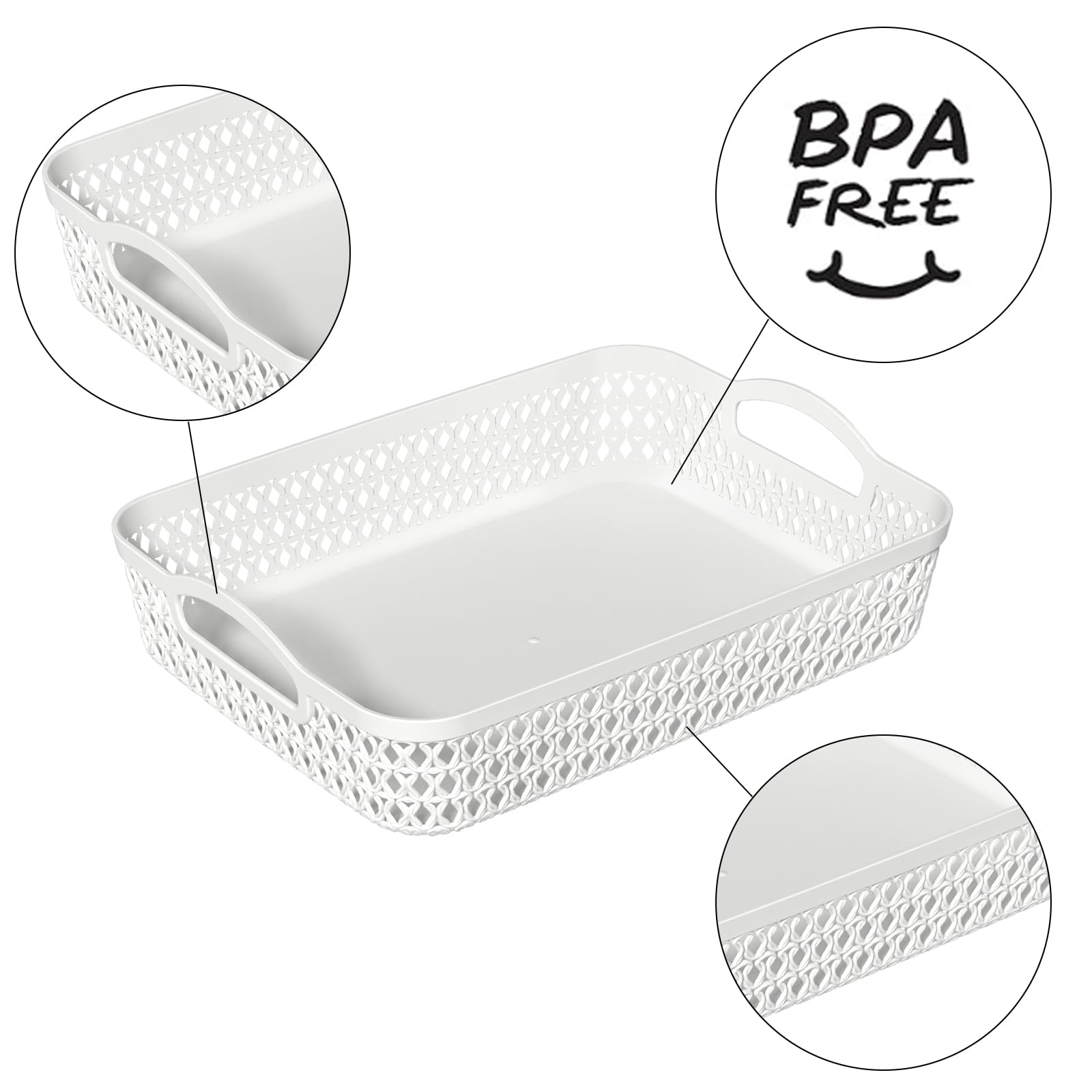 Paquete de 6 cestas de almacenamiento de plástico, cesta rectangular de plástico A4 poco profunda para uso doméstico y de oficina (blanco)