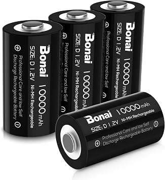 BONAI Rechargeable D Batteries, 10,000mAh High Capacity 1.2V Ni-MH Battery Cell, Long-Lasting Power for Baby Swings, Flashlights & Toys, Pre-Charged & Low Self-Discharge Size D, 4 Pack