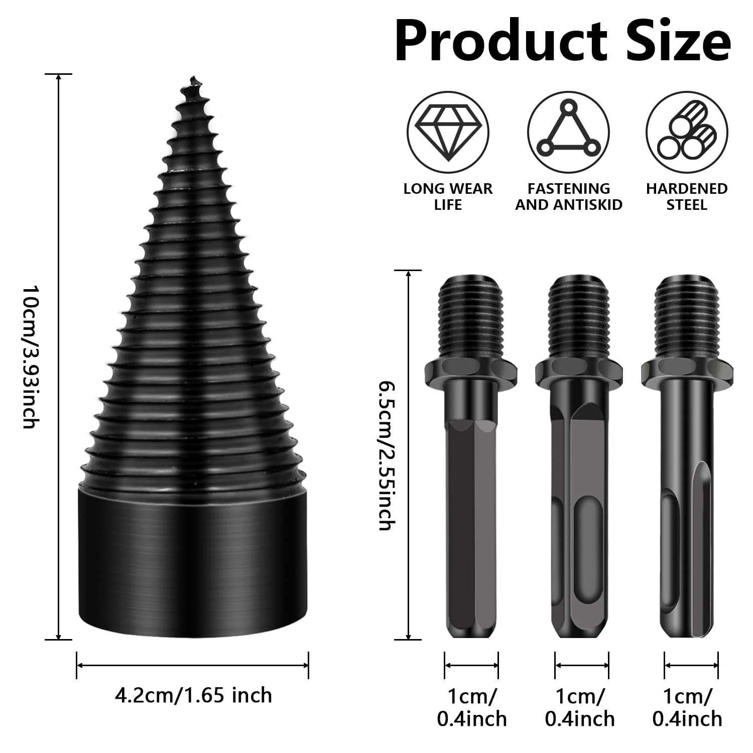 Spaccalegna Cono di legno, Cono per vite Spaccalegna, Trapano Legna Ardere, con 3 Manici (Esagonale, Rotondo, Quadrato) per Legno di Diametro Inferiore (42mm)