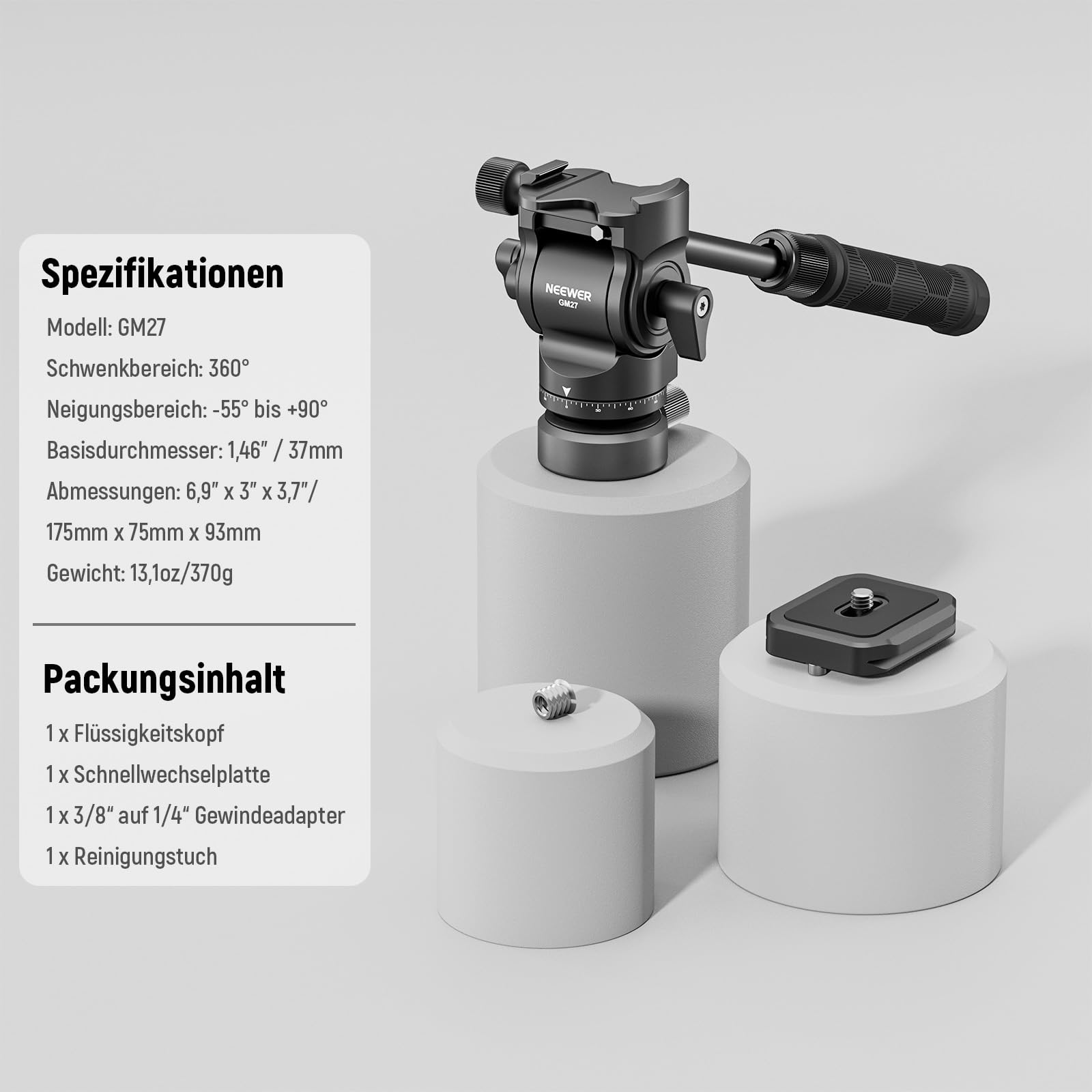 NEEWER Stativ Fluidkopf mit +/-10° Nivellierbasis, Metall Drag Pan Tilt Kopfhalterung mit Arca Typ Schnellwechselplatte, Teleskopgriff, Reinigungstuch für kompakte DSLR Kamera/Cam, max. Last 4kg, GM27