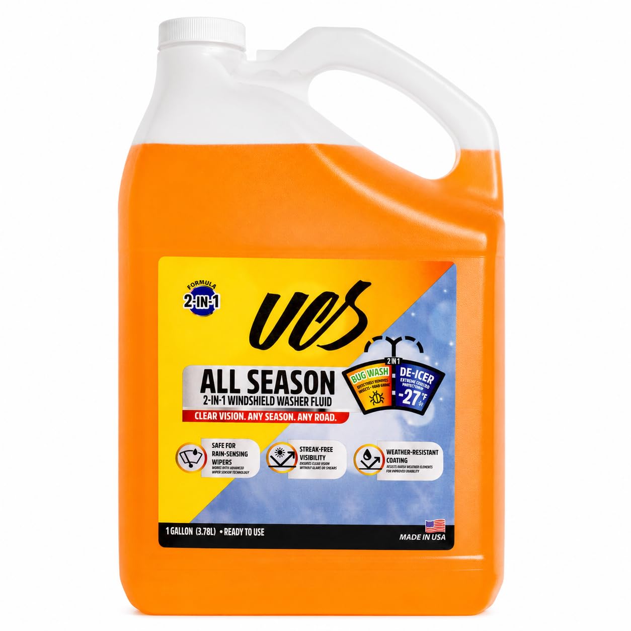 UCS Advanced All-Season Windshield Washer Fluid &amp; Wiper Fluid -27°F De-Icer + Water Repellent Technology Streak-Free Auto Glass Cleaner, Bug Remover Ready to Use, 1 Gallon