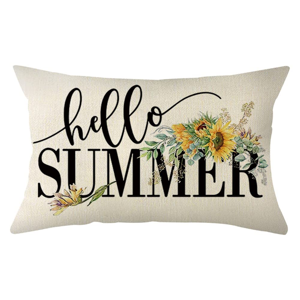Ogiselestyle Hello Summer Throw Pillow Cover 12 x 20 Inch Seasonal Sunflower Cushion Case Decoration for Sofa Couch