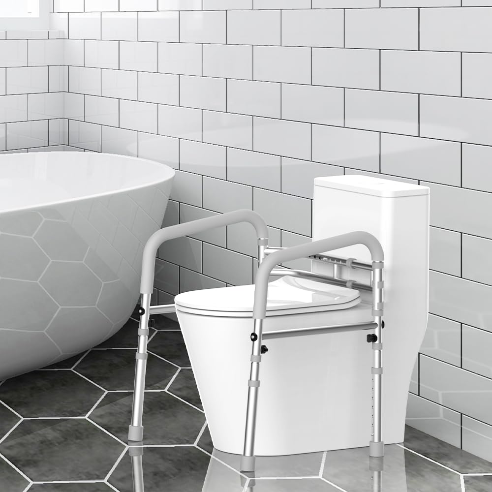 Maniglione WC Regolabile Omnidirezionale - Supporto Sicurezza Fisso con Braccioli，Telaio in Alluminio da Terra per Anziani & Disabili