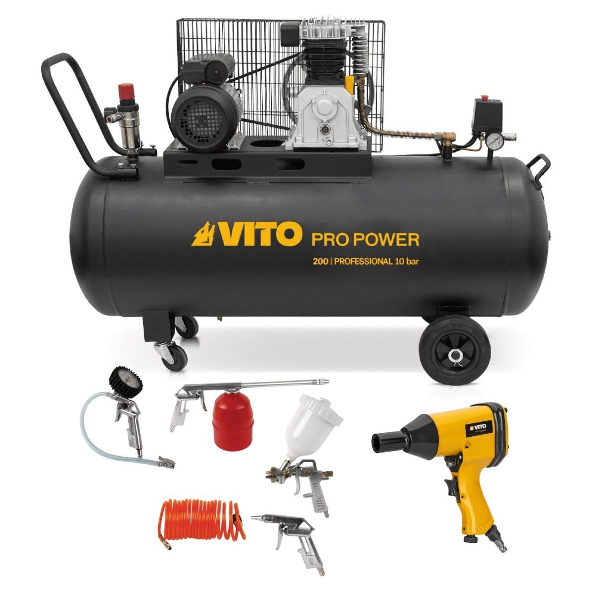 VITO - Compresseur d'air 200L 10Bar 3kW 400L/min + Clé à choc pneumatique 310Nm + Outils de Gonflage Soufflage Peinture Garage Atelier