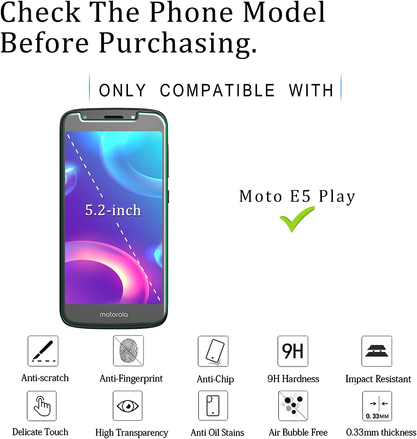 [2-Pack] KATIN For Motorola Moto E5 Plus, Moto E5 Supra Tempered Glass Screen Protector No-Bubble, 9H Hardness, Easy to Install