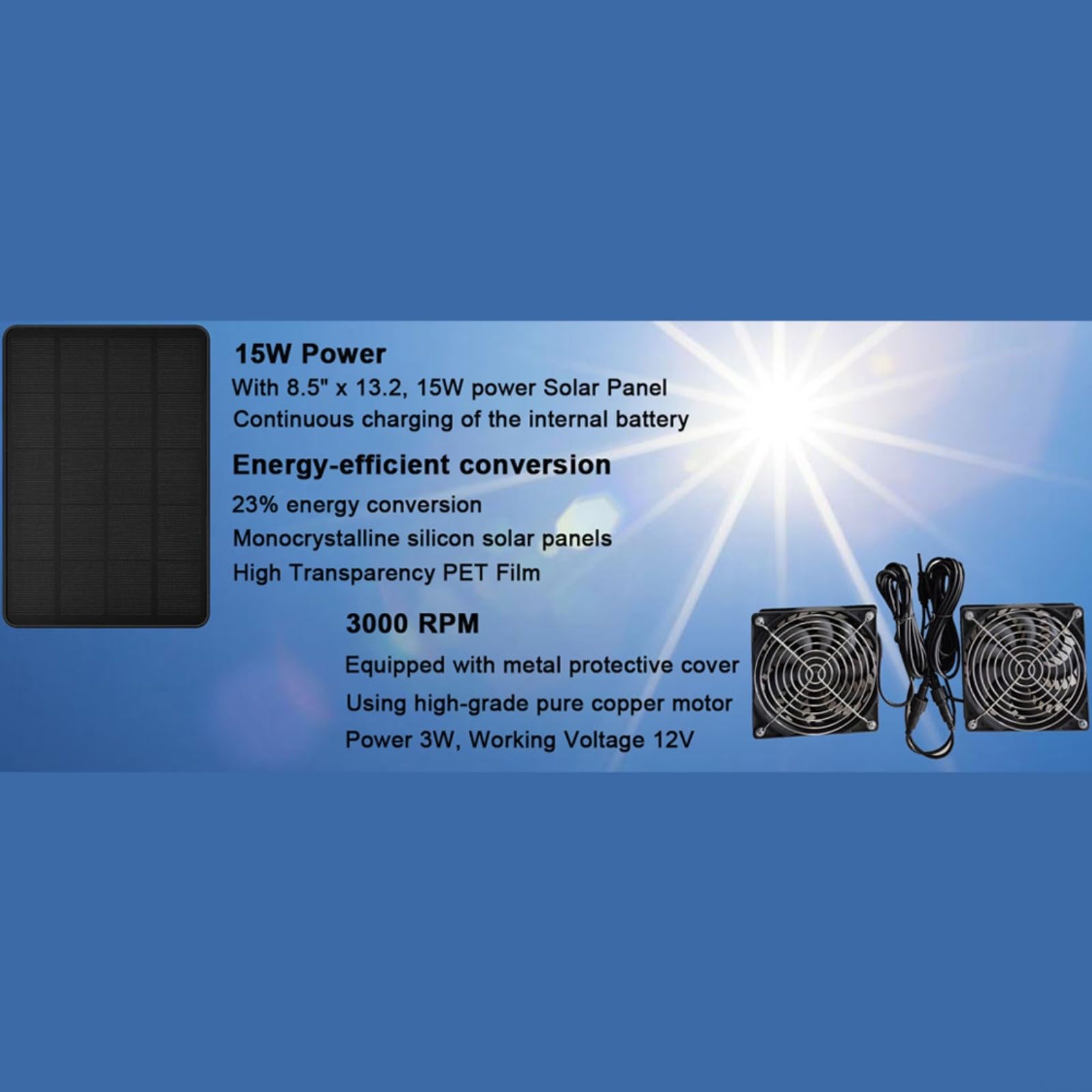 Kit ventola di scarico solare da 15 W con 2 ventole, impermeabile IP65, per ventilazione di polli, serre, animali domestici, circolatore d'aria a basso rumore