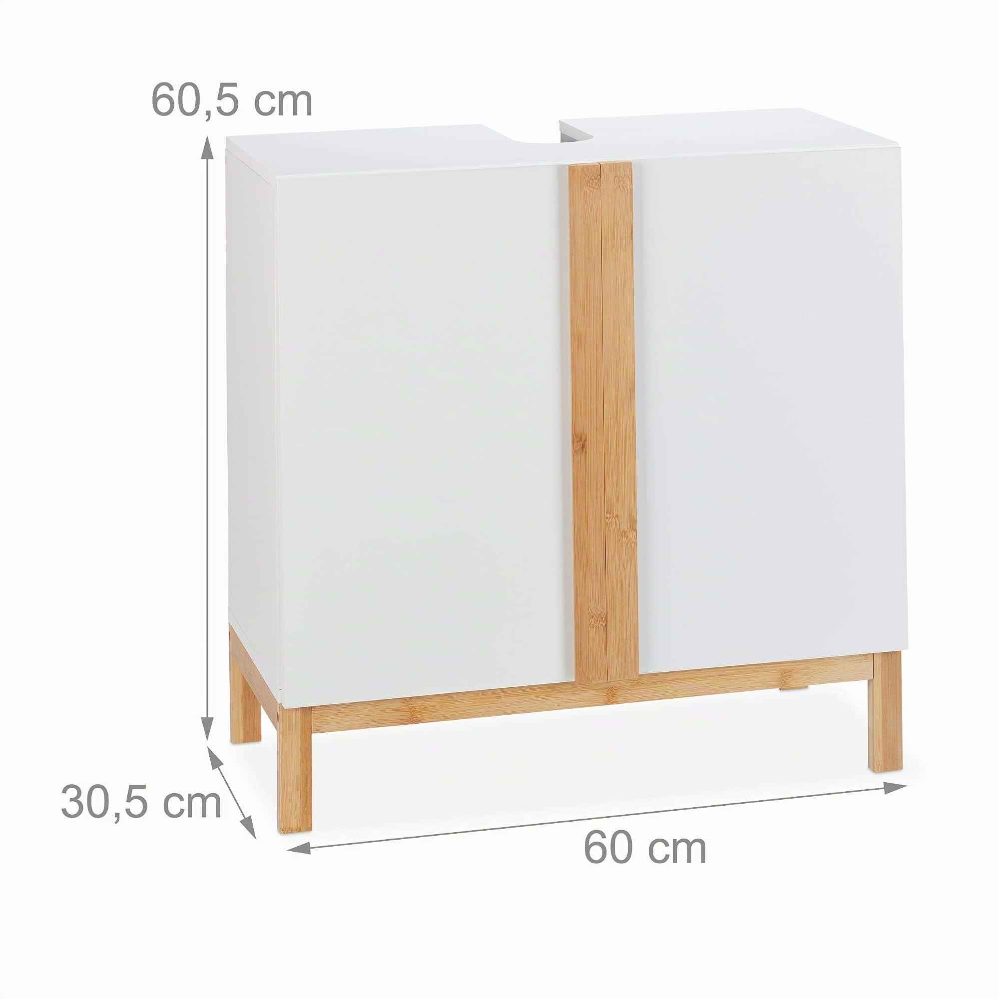 Relaxdays Mobile Sottolavabo, 2 scomparti, Armadietto da Bagno in MDF e Bambù, per Lavabo,60,5x60x30,5cm, Bianco/Marrone