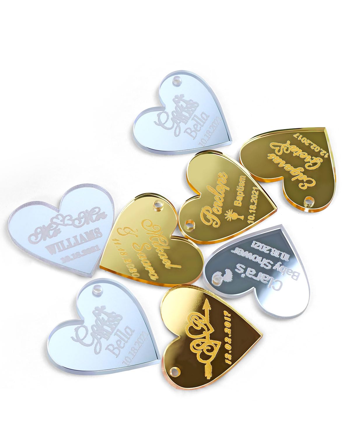 30Pcs Custom Wedding Mirror Tags with Holes,Personalized Acrylic Heart Tags,Lettering Name Logo for Baby Shower Favor Valentines Day Handmade Items Wedding Favors Birthday Party
