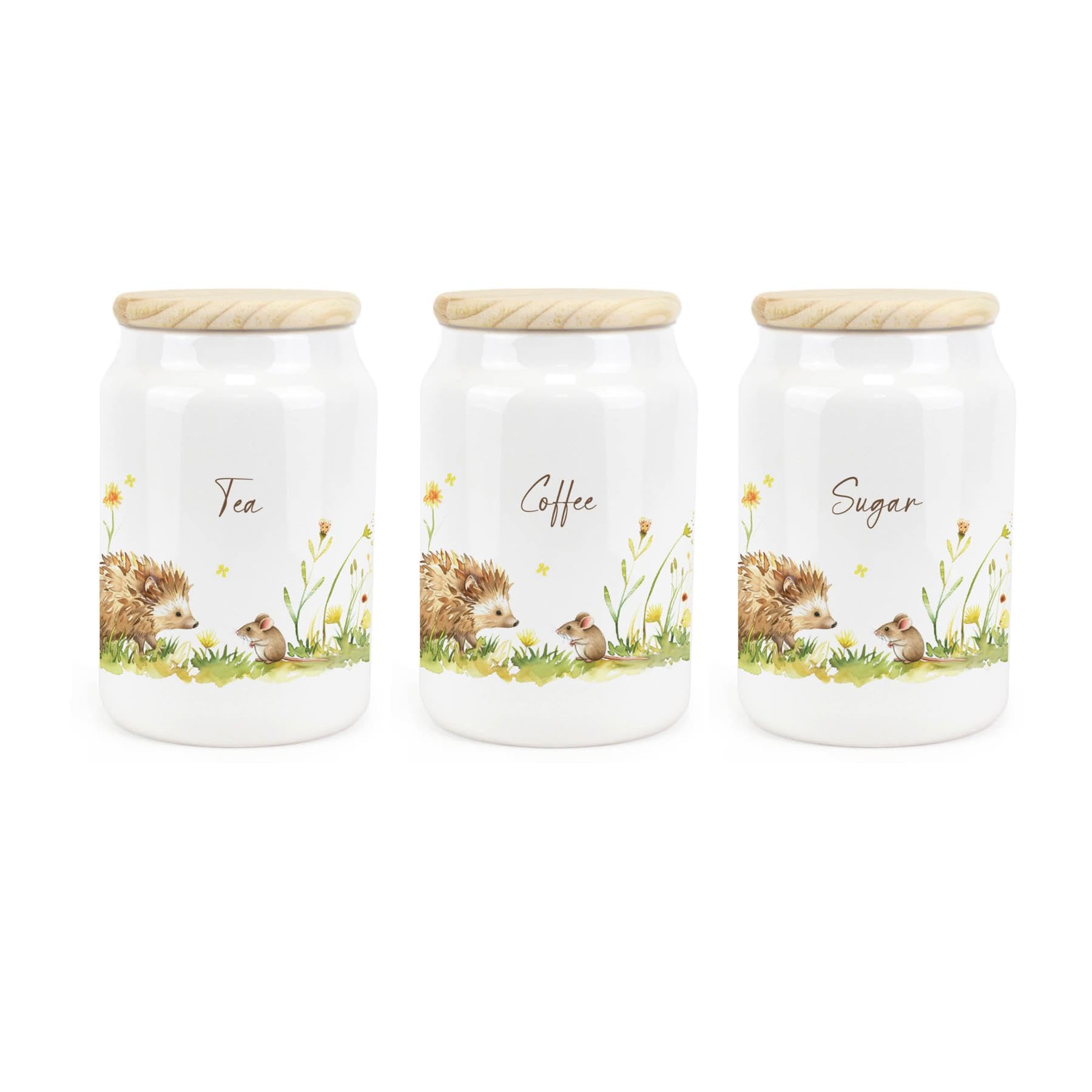 Purely Home Hedgehog & Mouse Ceramic Tea Coffee Sugar Storage Canisters - Woodland Wildlife & Scenery Artwork Kitchen Storage Container & Wooden Lid 600ml (14.5cm x 9.5cm)